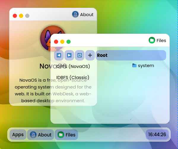 novaOS Screenshot, depicting a modern colourful desktop environment